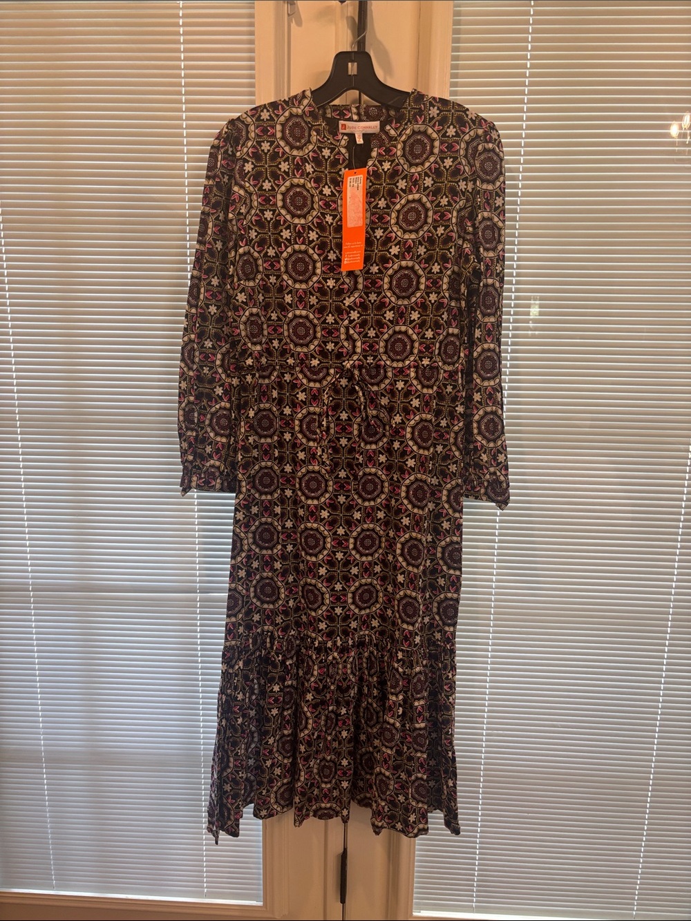 Jude Connally Long Sleeve Printed Midi Dress in Black and Purple with Ruffle Hem